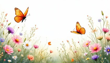 Watercolor illustration of colorful flowers and butterflies in a meadow. Floral scene features vibrant blossoms insects fluttering above. Perfect design for spring season or summer concept.