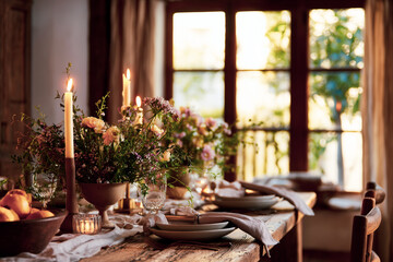 Cozy dinner table adorned with floral arrangements and candlelight