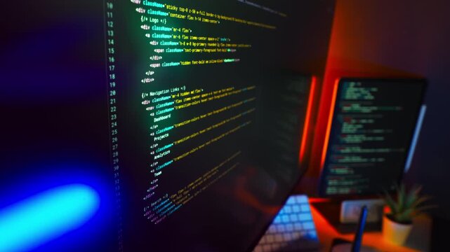 Highlighted software code computer monitor neon workspace. Closeup of vibrant code editor showing colorful HTML markup on screen, modern developer desk with RGB ambient light, clean tech setup, progra
