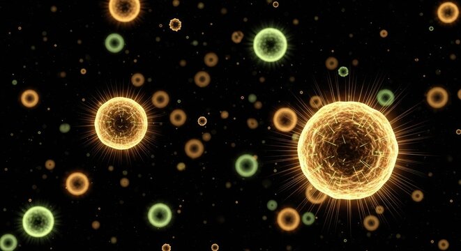 A vibrant, abstract digital artwork featuring a cluster of colorful, spherical shapes with a black background.