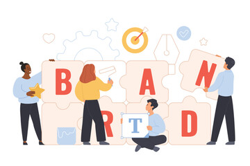 Brand reputation, identity creation by marketing team, branding recognition strategy. Tiny people building puzzle with word Brand, holding parts with letters to connect cartoon vector illustration