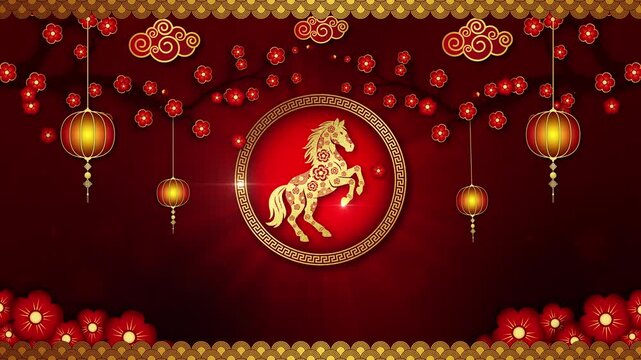 Chinese zodiac horse with gold floral pattern, red background, lanterns and cherry blossoms. Perfect for Chinese New Year and oriental festive themes. Chinese cultural background Concept