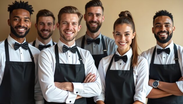 A diverse group of smiling restaurant workers in white shirts and black aprons. These happy colleagues form a united team, ready to serve customers with professional hospitality and dedication.