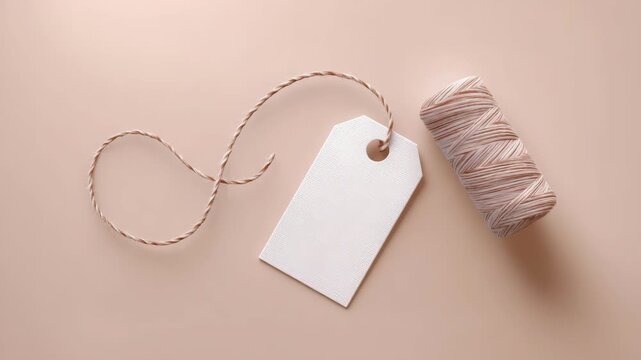 White blank textured gift tag with twisted twine and spool lying on beige surface, flat lay style for packaging, branding or celebration