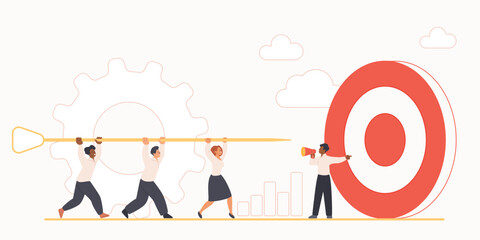 Corporate company target achievement, leadership. Tiny leader or boss with megaphone pointing direction, business goal or objective to achieve, hit bullseye target cartoon vector illustration © lembergvector