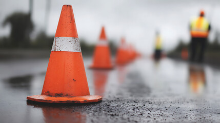 Road construction ahead. Orange traffic cones line a wet road, reflecting in the water. A worker in a safety vest stands in the background.