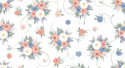 Obraz premium Floral seamless pattern featuring bouquets of roses in pink, white, and blue, scattered on a white background
