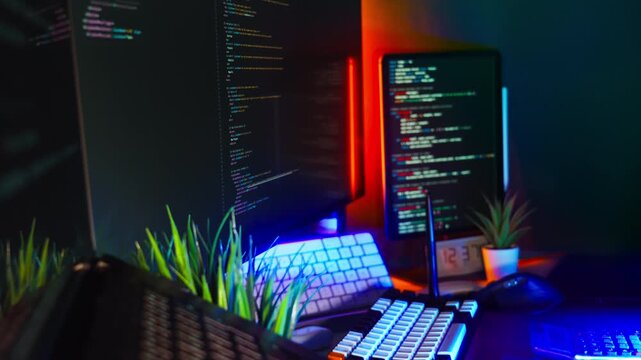 programmer, hand, note, coding, workspace, monitors, html, python, developer, writing, keyboard, screen, rgb, lighting, ambient, tech, setup, software, desk, digital, planning, closeup, modern, script