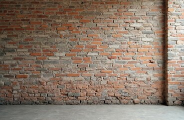 Old distressed brick wall texture in room with grey concrete floor. Rough surface of vintage red, orange, grey bricks show age. Urban, industrial background of empty loft space. Ancient building