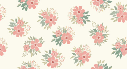 Floral seamless pattern with pink flowers and green leaves on a cream background