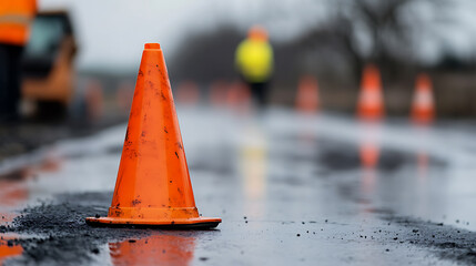 Road work with safety cones on a rainy day. Construction workers in the background. Caution, construction ahead! Safety first.