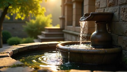 Cascading Water, Gleaming Sunlight A Serene Church Fountain, Peaceful and Tranquil Religious Scene Ideal for Faith, Peace, and Tranquility Themes.