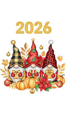 Fototapeta premium Three festive gnomes with Christmas hats, surrounded by pumpkins, poinsettia, golden leaves, and ornaments, celebrate new year 2026 with joyful and whimsical holiday spirit