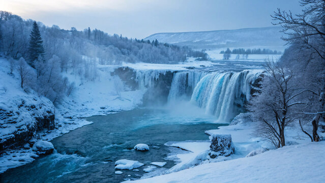 Icelandic waterfall in winter, snow-covered landscape, turquoise glacial water, mist rising, dramatic frozen natural scenery.