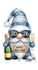 Gnome wearing blue snowflake hat holding champagne bottle and glass, with 2026 glasses and Happy New Year sign, festive and cheerful holiday celebration