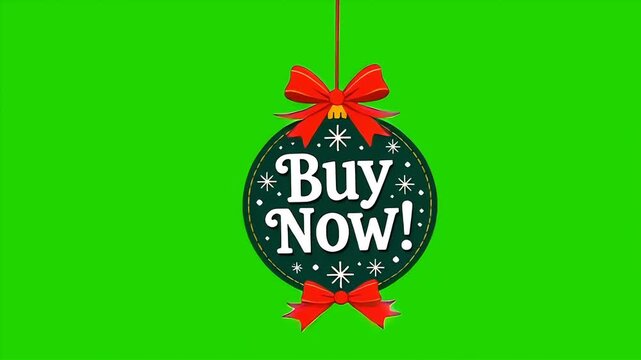 Buy now bouncing hanging Christmas ornament on green screen for Christmas shopping 