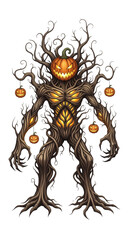 Halloween pumpkin tree monster with glowing carved face, twisted branches, hanging jack o lanterns, and eerie expression, fantasy autumn illustration, spooky mood