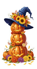 Stacked pumpkin jack o lanterns with carved faces, wearing blue witch hat, surrounded by autumn flowers and leaves, evoke festive Halloween atmosphere