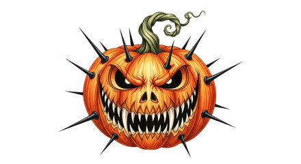 Spooky pumpkin with sharp teeth, angry eyes, and black spikes, creating menacing Halloween decoration with twisted green stem and intense expression