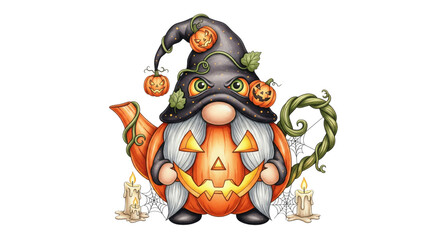 Pumpkin gnome with gray beard, wearing witch hat decorated with small pumpkins, holding jack o lantern, surrounded by candles and spider webs, Halloween theme