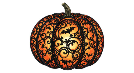 Ornate pumpkin with intricate swirling patterns, glowing orange light, and bat silhouettes, perfect for Halloween decoration, festive, and whimsical autumn atmosphere