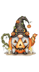 Pumpkin gnome teapot with jack o lantern face, witch hat, autumn leaves, spider webs, candles, and whimsical Halloween theme, creating magical and festive atmosphere