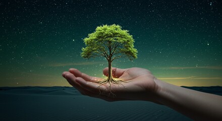 Hand Growing Tree from Palm Under Starry Desert Sky