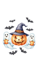 Halloween pumpkin with witch hat, surrounded by smiling ghosts holding pumpkins and flying bats, creates playful and spooky festive atmosphere
