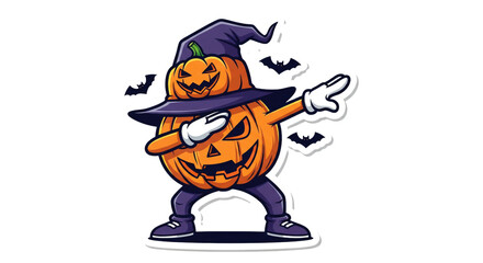 Pumpkin cartoon Halloween witch hat dabbing pose bats orange festive spooky joyful illustration is fun and playful Halloween pumpkin character wearing witch hat dabbing with bats flying around