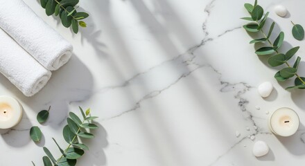Spa Elements on White Marble with Natural Green Accents