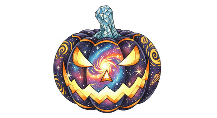 Polygonal pumpkin with cosmic galaxy pattern, glowing yellow eyes and mouth, geometric blue stem, swirling stars, and vibrant colors create mystical Halloween mood