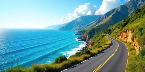 Coastal Highway Adventure Sun-Drenched Road Trip Through Lush Green Hills and Vibrant Summer Landscape Leading to Endless Blue Ocean. Perfect for Travel and Vacation Themes.