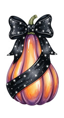 Purple orange pumpkin with glossy surface, wrapped in black ribbon with white star pattern, festive and whimsical, isolated on transparent background