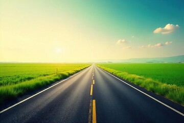 Endless Straight Road Vanishing into Hazy Horizon, Vibrant Green Fields, Clear Sky - Perfect for Travel, Journey, Adventure, Freedom Concepts