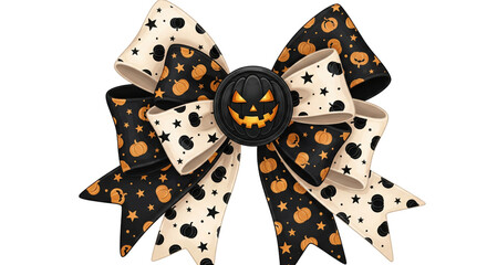 Halloween bow with pumpkin pattern, black and cream ribbon, festive and playful, perfect for party decoration or costume accessory, cheerful and spooky vibe