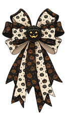 Halloween bow with pumpkin pattern, black and cream ribbon, festive and playful, perfect for party decoration or costume accessory, evokes cheerful Halloween spirit