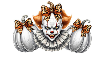 Creepy clown face with orange hair, white ruffled collar, surrounded by two white pumpkins decorated with leopard print bows, evokes spooky and playful Halloween vibe