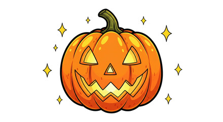 Smiling jack o lantern pumpkin with glowing face, surrounded by sparkling stars, festive Halloween illustration, cheerful and bright atmosphere