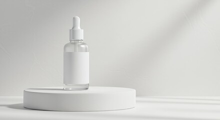 Skincare Glass Dropper on White Pedestal with Clean Background