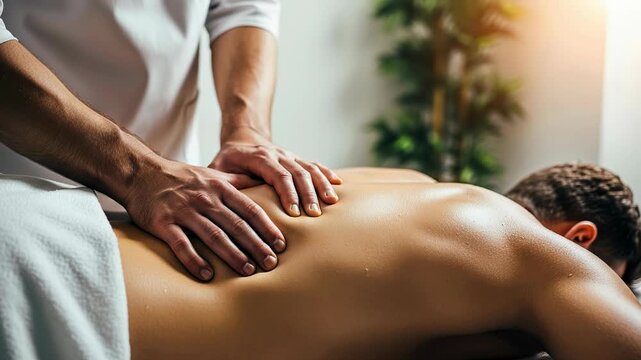 Therapist performs precise adjustment on man's back causing noticeable skin reaction in a calming environment