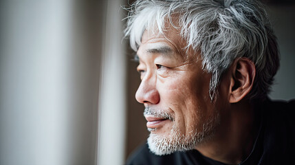 thoughtful older Asian man gazes out window, ing on life. His silver hair and beard add character, while soft light highlights his features, creating moment of introspection
