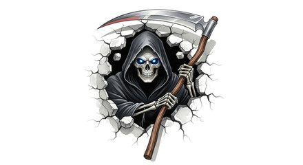 Grim reaper skeleton with glowing blue eyes and black hooded cloak holding scythe, breaking through cracked stone wall, creating dark, intense, and dramatic atmosphere
