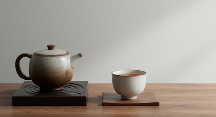 Tea Ceremony with Ceramic Cup on Wooden Table and Soft Light