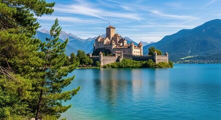 Fabulous Medieval Castle on an Island in a Blue Lake Surrounded by Mountains