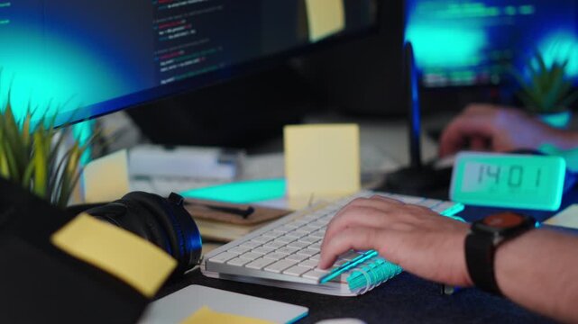 Hands typing keyboard coding workspace sticky notes. Developer working on code in illuminated tech environment with digital clock, programming screens, smartwatch, scattered notes, productivity concep