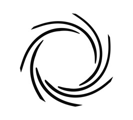 Abstract black spiral swirl shape, rotating curved lines forming circular vortex pattern, minimalist dynamic motion design, modern vector illustration for logo, tattoo, or graphic art
