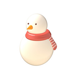 3D Snowman with red scarf and carrot nose smiling in minimalist winter scene, cozy playful holiday character