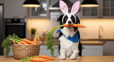 Cute Dog Wearing Bunny Ears Holds a Carrot in a Kitchen Setting