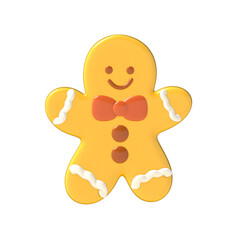 3D Gingerbread cookie with smiling face and bow tie, festive baked dessert with icing decoration evoking cheerful holiday warmth