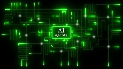 Glowing green circuit board network with ai agents text in center, AI interface visualizes algorithm and code, Futuristic smart network design highlights digital innovation . - Powered by Adobe